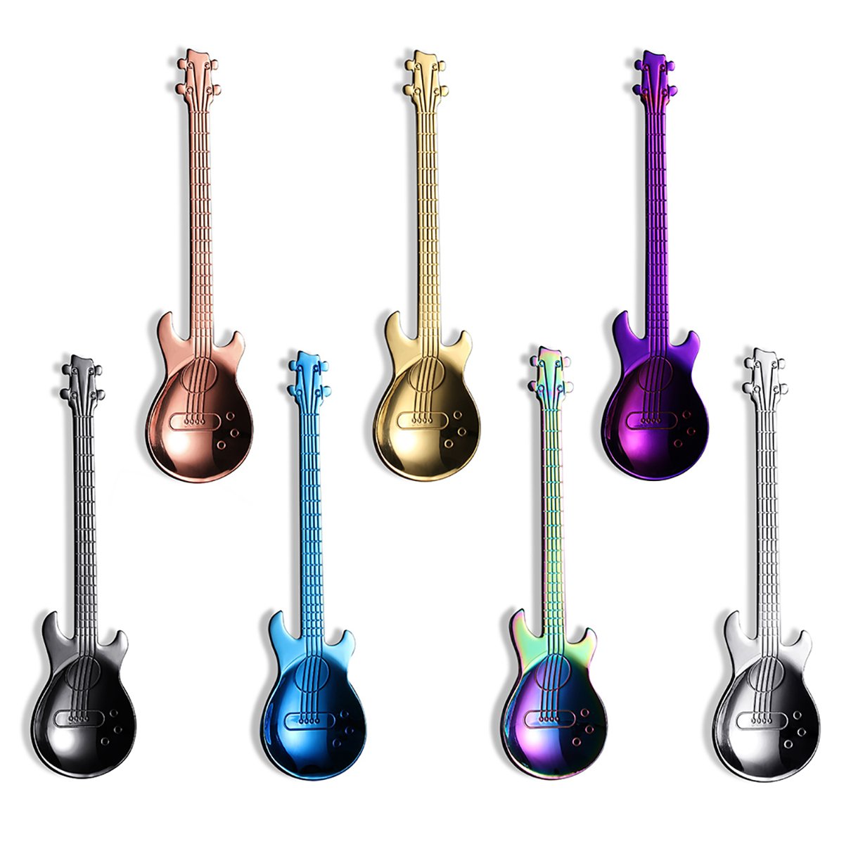 LONGLISHENG 7 Piece Demitasse Spoons Mini Dessert Spoon 4.5 Inch Stainless Steel Colorful Guitar Tea Spoon Cute Kitchen Utensil for Coffee