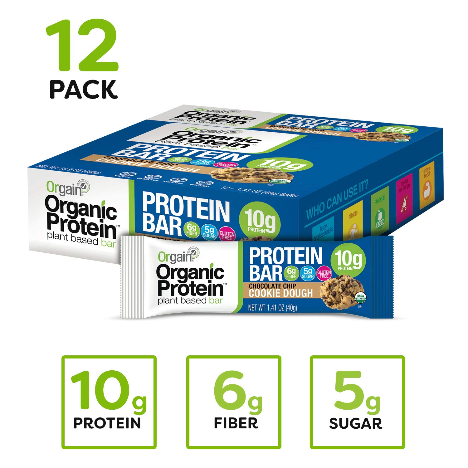 Orgain Organic Plant Based Protein Bar, Chocolate Chip Cookie Dough