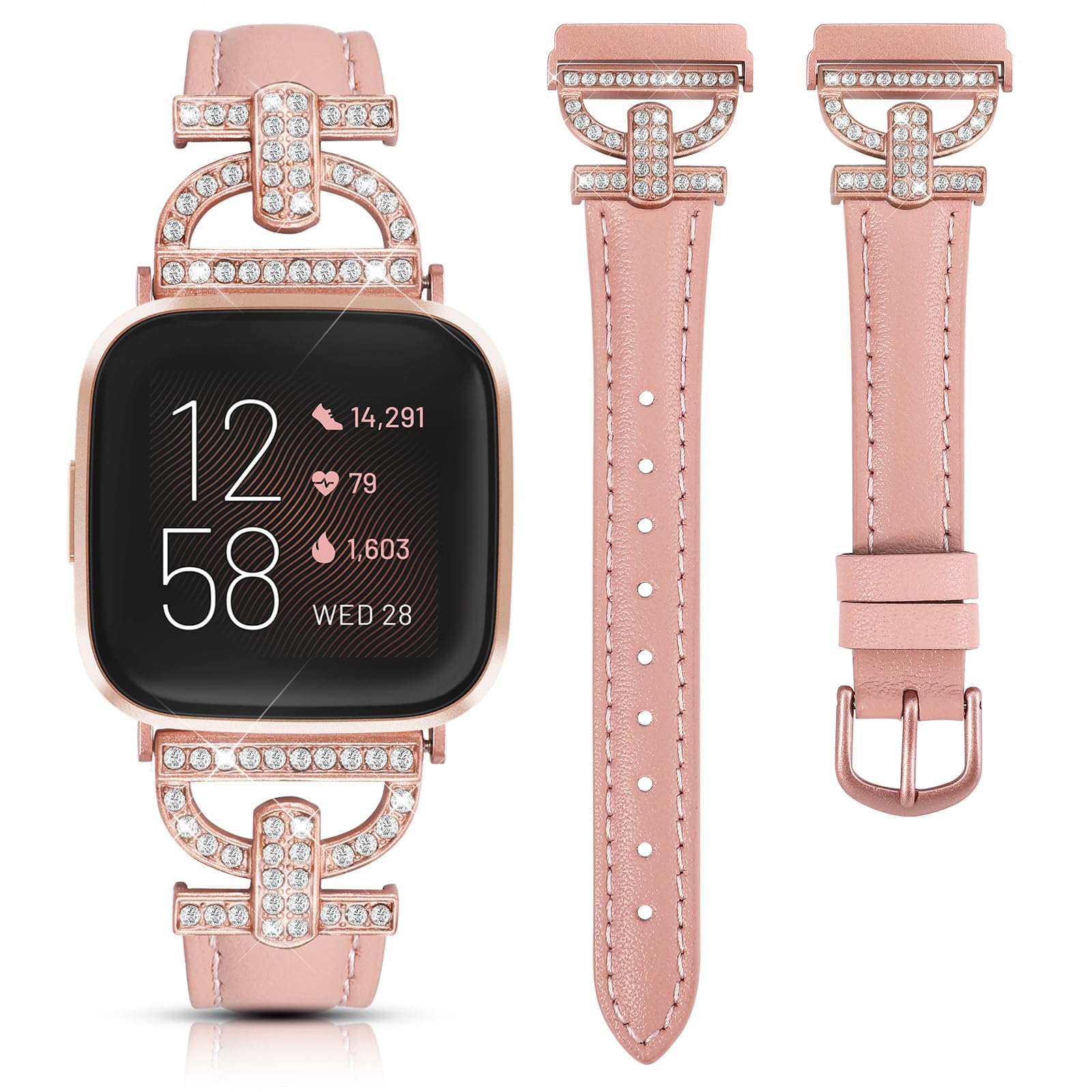 TOYOUTHS Genuine Leather Straps Compatible with Fitbit Versa 2 Straps/Versa/Versa Lite, Women Slim Dressy Strap D-Shaped Metal Buckle Rhinestones Luxury Bracelet for Versa 2, Pink+Pink Gold