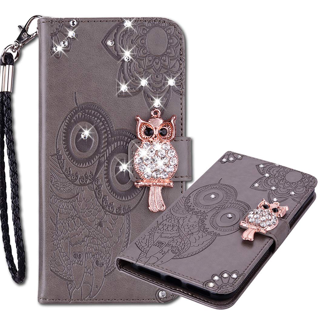 MRSTER iPhone 13 Case, Flip PU Leather Wallet Phone Case with Wrist Strap Handmade Bling Diamond Protective Cover for Apple iPhone 13 (6.1"). Owl Grey