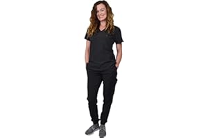 Green Town Scrubs for Women Scrub Set - Jogger Pant and V-Neck Top, 6 Pockets, Easy Care Uniforms-Black-Large