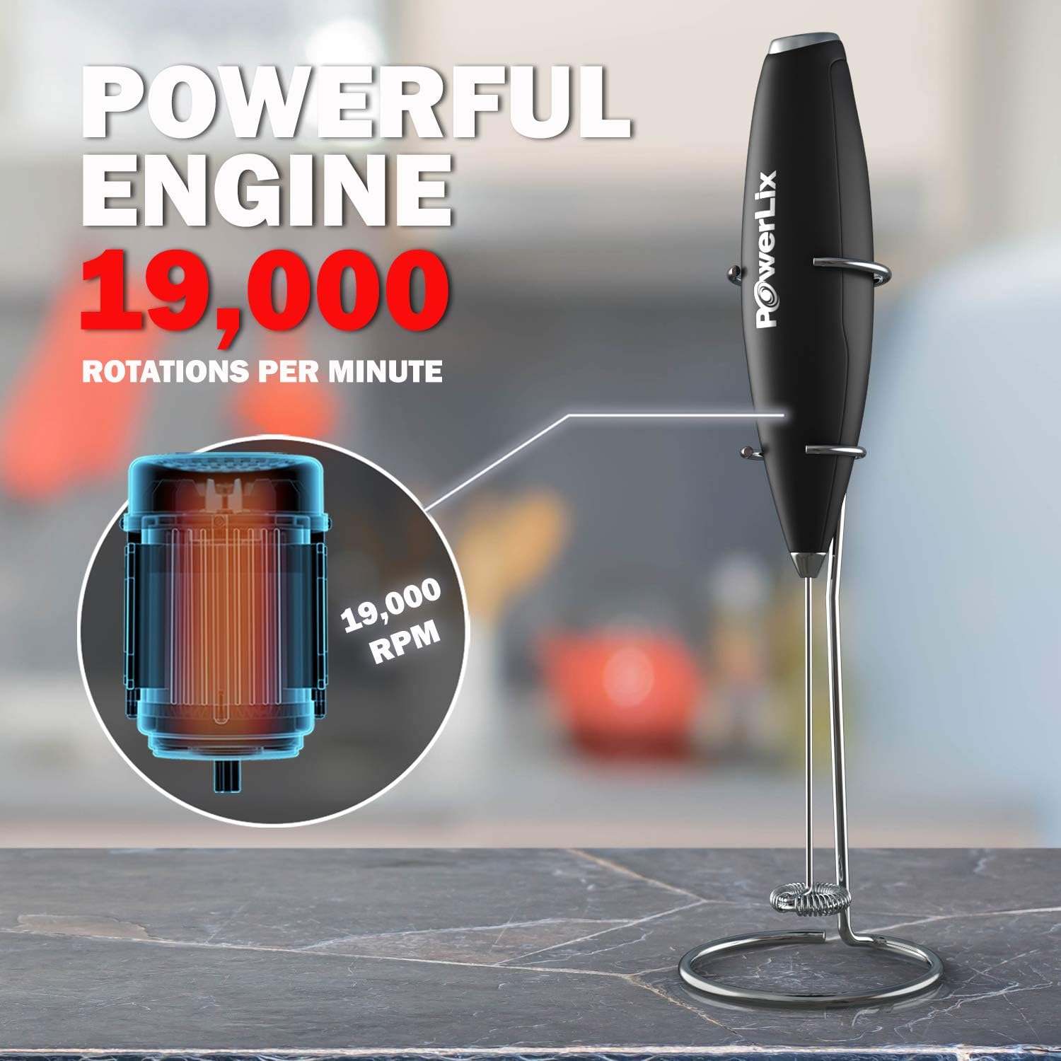 PowerLix Milk Frother Handheld Battery Operated Electric Foam Maker For Coffee, Latte, Cappuccino, Hot Chocolate, Durable Drink Mixer With Stainless Steel Whisk, Stainless Steel Stand Include (Black): Kitchen & Dining