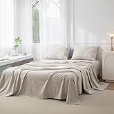 JIYUAN 100% Washed Cotton Sheet Set 4 Pieces Queen,1 Fitted Sheet,1 Flat Sheet and 2 Pillowcases,Comfy and Breathable Linen Like Bedding Set,Heathered Cream Grey