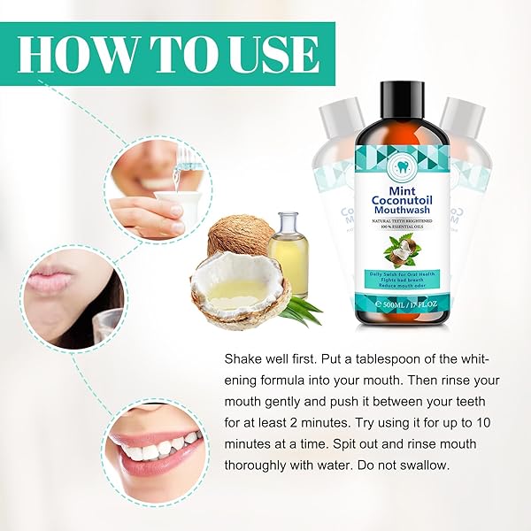 500ML COCONUTOIL MOUTHWASH, NATURAL TEETH WHITENER WITH TONGUE SCRAPER – MINT FLAVOR FOR FRESH BREATH, ORAL CARE AND GUM HEALTH