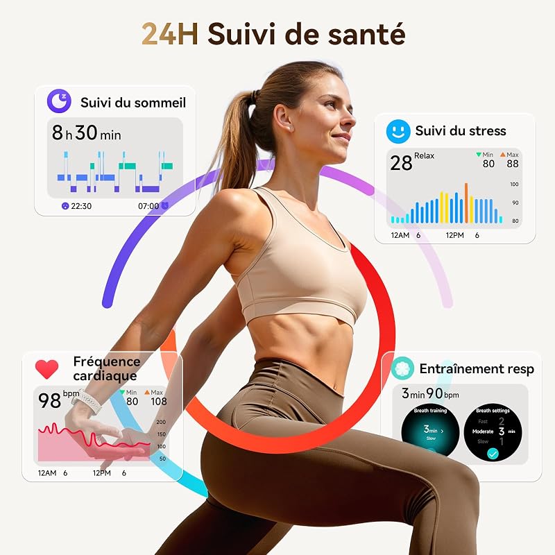 Montre Connectée Femme Ronde 1.27'' Smartwatch Homme 2 Bracelet 120+ Modes Sport 250+ Cadran Etanche 3ATM Fréquence Cardiaque/SpO2/Sommeil Podomètre Fitnes Watch pour Android Samsung iPhone Abricot — photo 2 sur 8