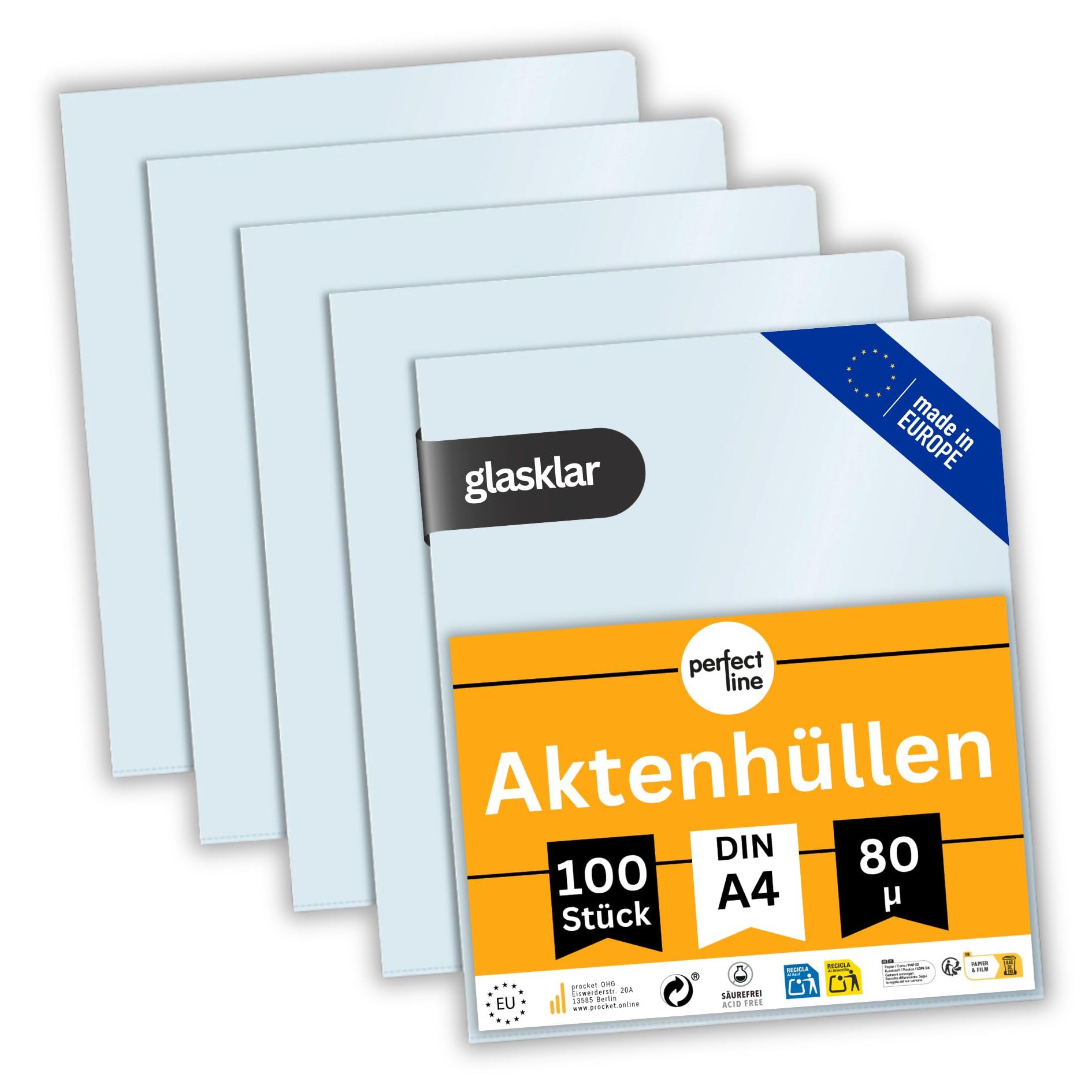 perfect line 100 Plastic folders A4, for A4 Paper, A4 Clear Plastic Sleeves, DIN-A4 Clear folders, Transparent, Crystal Clear, Smooth, Document-Proof, Made in EU