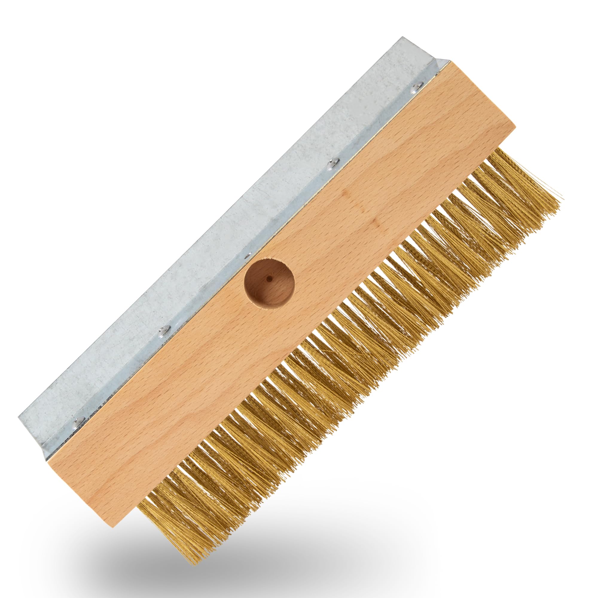 ECENCE Wire brush with brass crimped wire bristles for cleaning pizza ovens, wood-burning ovens, smoke ovens, BBQ Brush for removing soot or dirt, brass wire brush with scraper