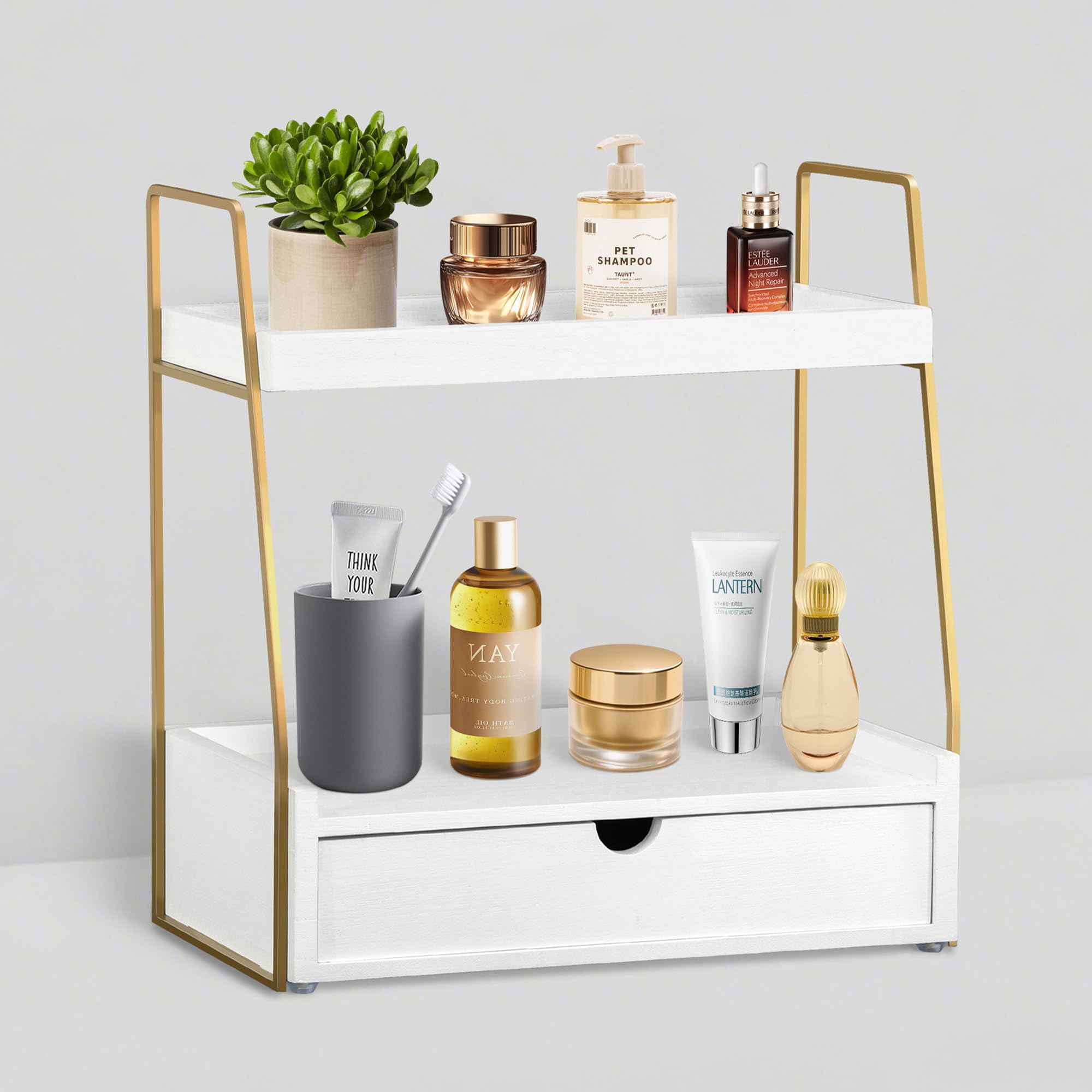 Photo 1 of 2-Tier Bathroom Organizer Countertop with Drawer, Wood Counter Organizer for Bathroom Decor, Sink Shelf for Vanity Storage, Makeup Tray for Perfume Skincare Bedroom Kitchen Corner