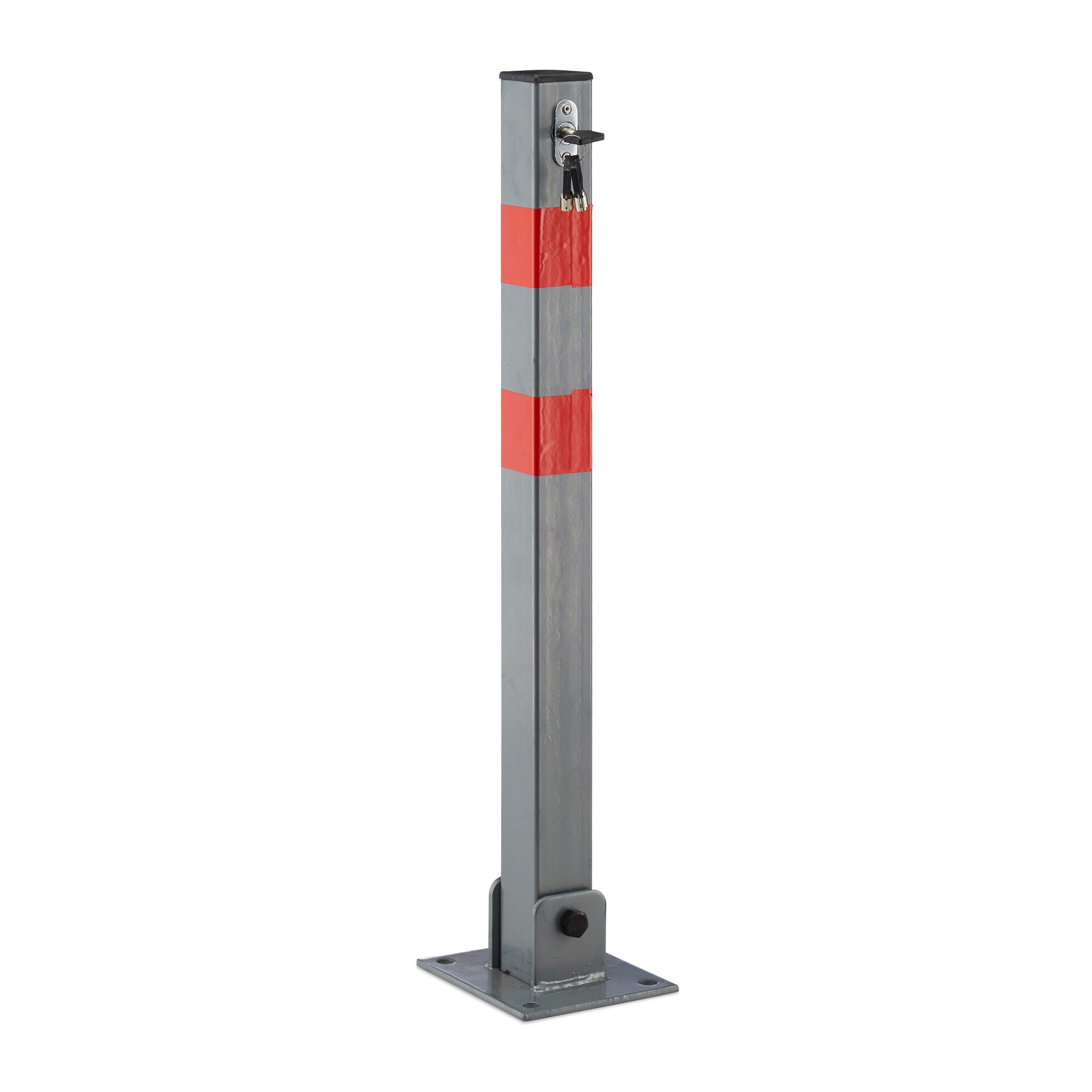 Relaxdays Square-Shaped Parking Barrier 64 cm Tall Barrier Post to Block Parking Space, Folding Bollard Locking Pole with 3 Keys Car Parking Spot of Steel with Red Warning Marks, Grey