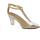 ANN CREEK Clear Heels for Women Chunky Heel Clear Gold Heeled Sandals Clear Shoes for Women Low Heel Rhinestone Heel Sandals Peep Toe Womens Clear Heels T Strap Transparent Heel Gold - 7