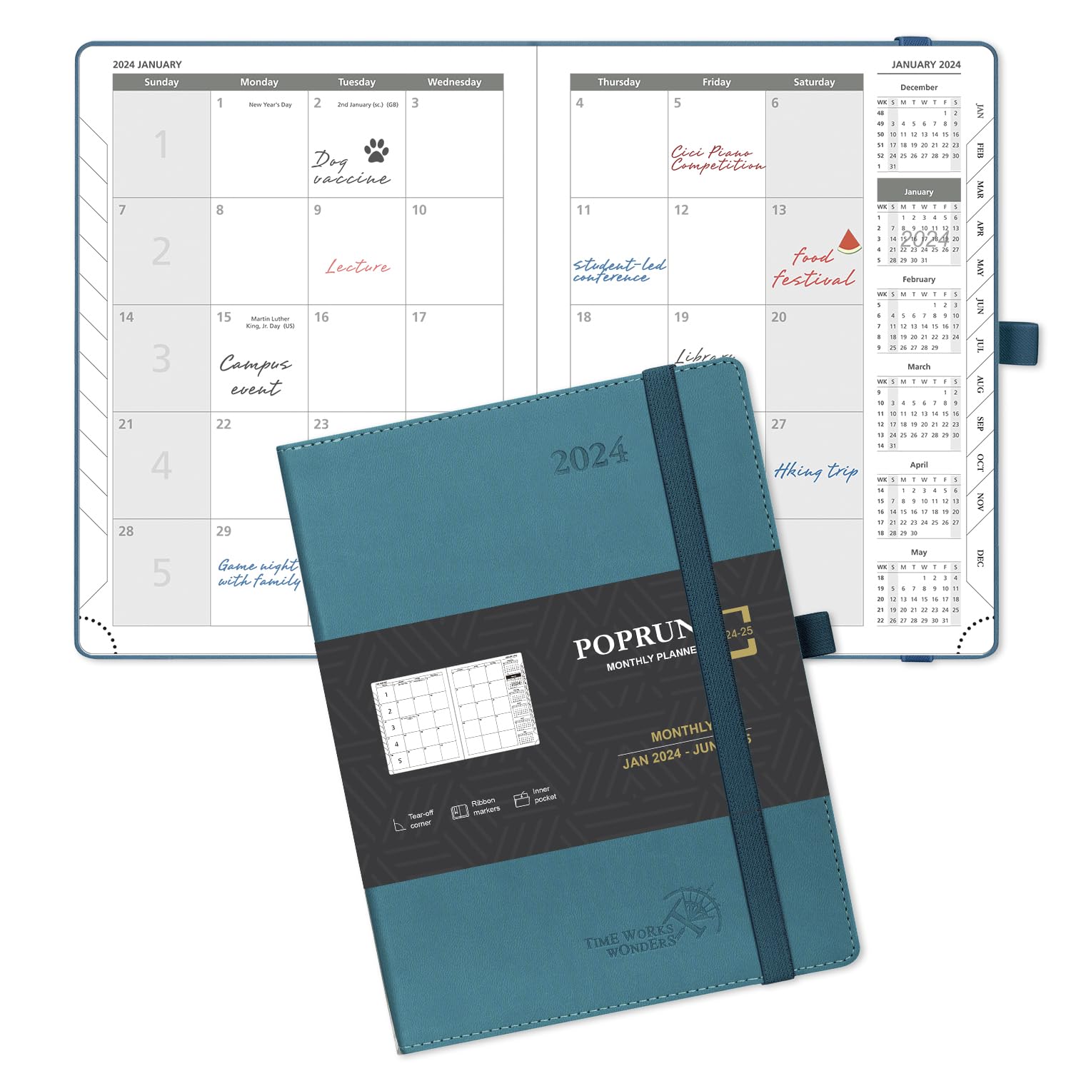 POPRUN Month to View Diary 2024-2025 22x16.5cm (18-Month: Jan'24 - Jun'25) Monthly Planner with Tabs, 100 GSM Ivory Paper, PU Leather Softcover, Sunday Start (Pacific Green)