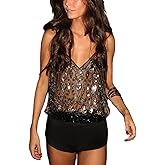 Women Sparkly Sequin Tank Top See Through Dance Rave Tops