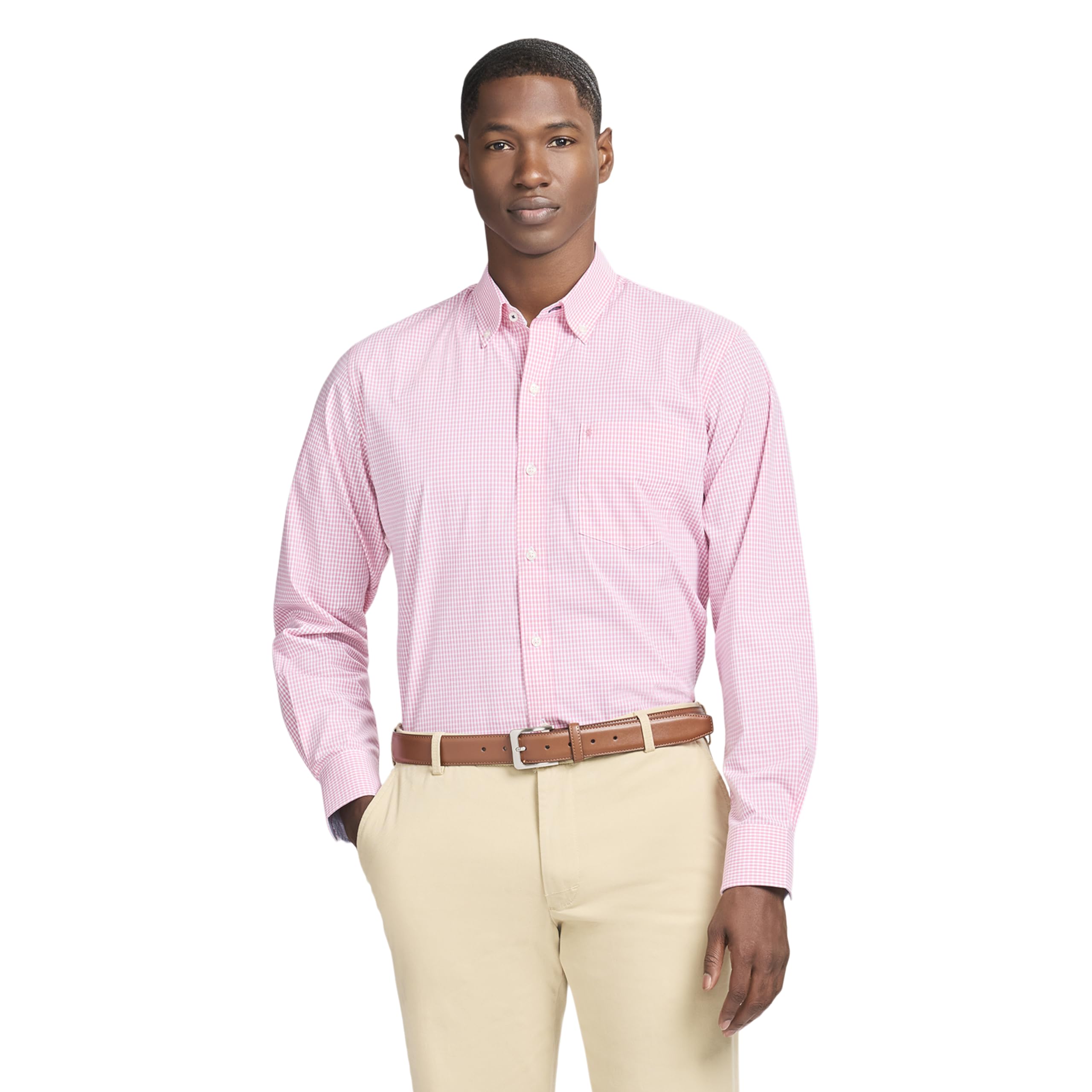 Izod Men's Performance Comfort Long Sleeve Plaid Button Down, Pink Lemonade Fine Check, Medium Image