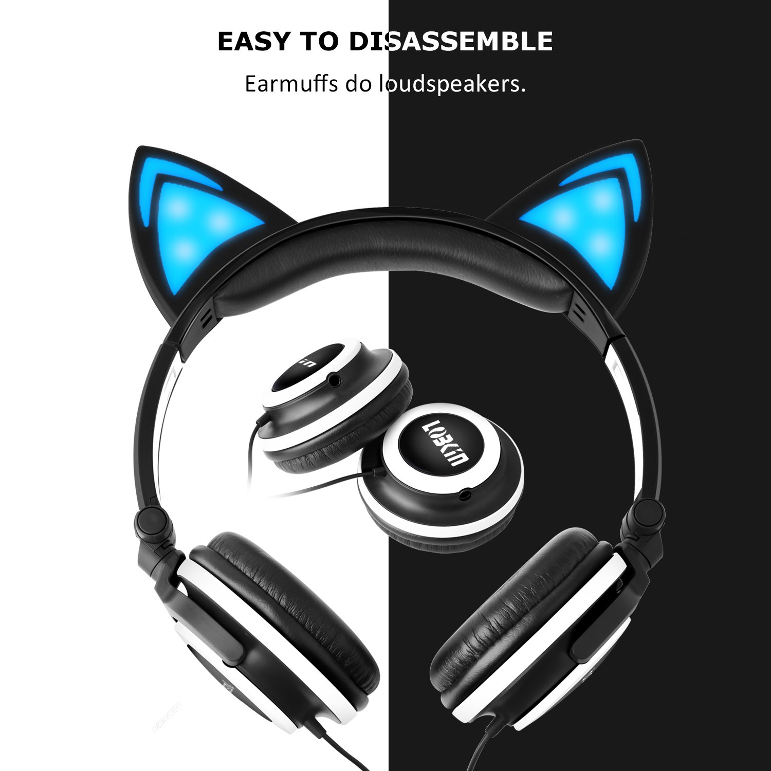 Cat Ear Headphone,LOBKIN Foldable Wired Over Ear Kids Headphone with Glowing Light for Girls Children Cosplay Fans,Compatible for iPhone,Android Phone (Black)