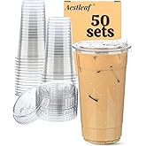 Aestleaf 32 oz Clear Plastic Cups with Lids, 50 Sets Disposable Plastic Iced Coffee Cups with Strawless Sip-Lids, To Go Coffee Cup for Smoothie, Milkshake, Cold Drinks