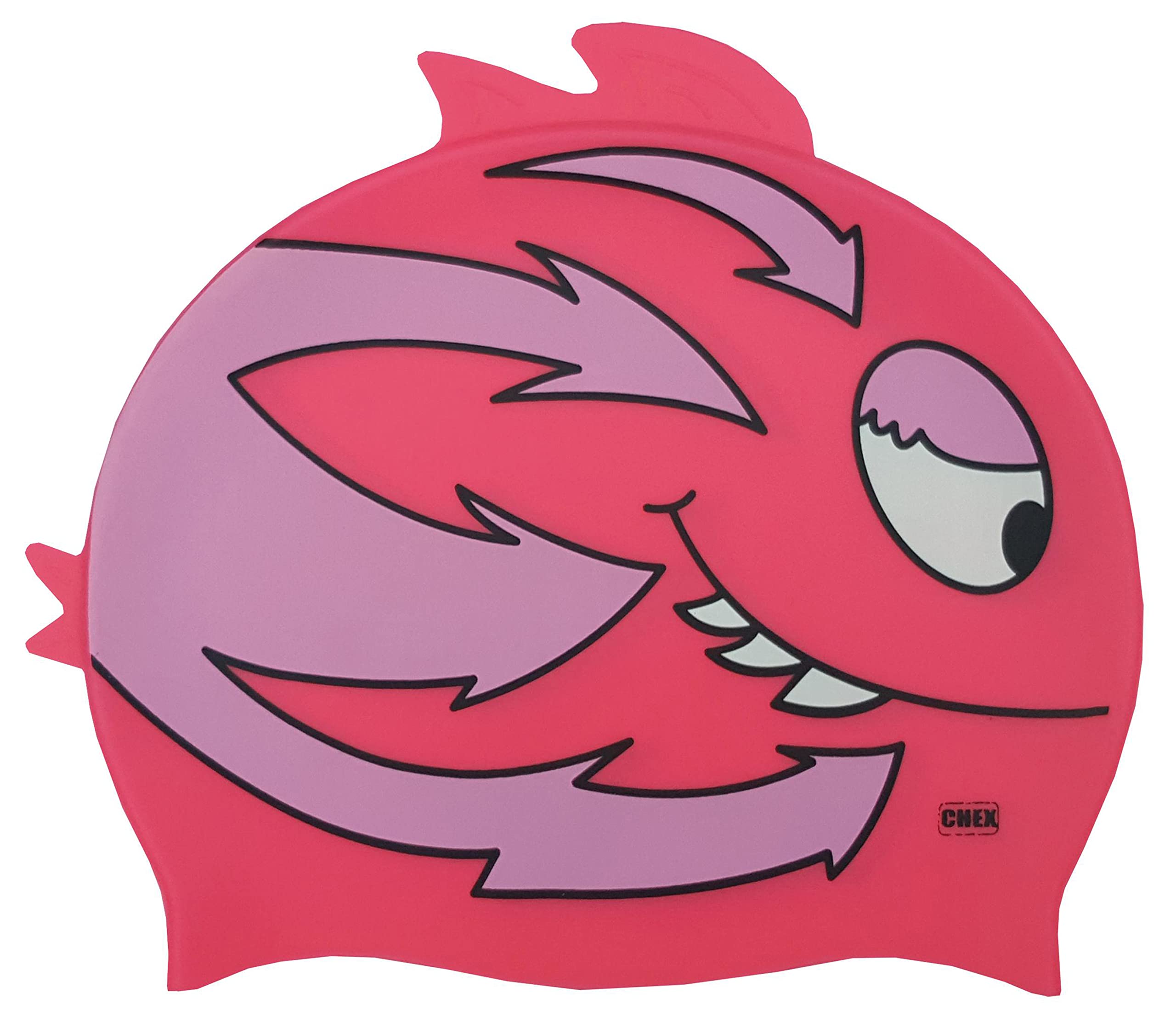 CHEX Stretchy Silicone Unisex Girls Boys 3-7 Years One Piece Swimming Hat Swim Cap Smiley Fish Double Fin Print Design One Size Pull On Swim Hat (Pink/Pastel Pink)