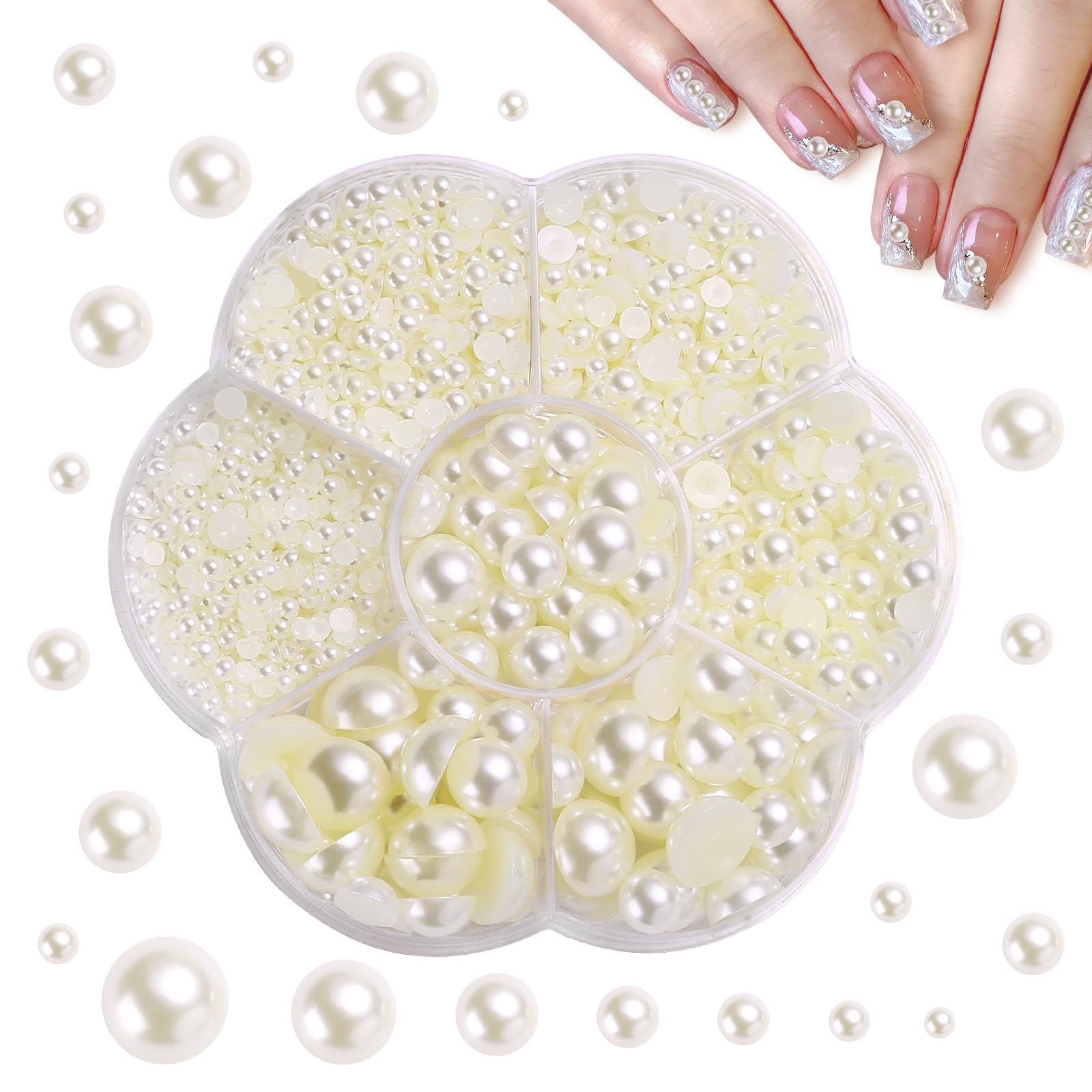 Naler 1400pcs Pearl Beads Flat Back Half Round Pearl Cabochon Diameter 3/4/5/6/8/10/12 mm for Nail Craft DIY Scrapbooking Embellishment Decoration, Beige