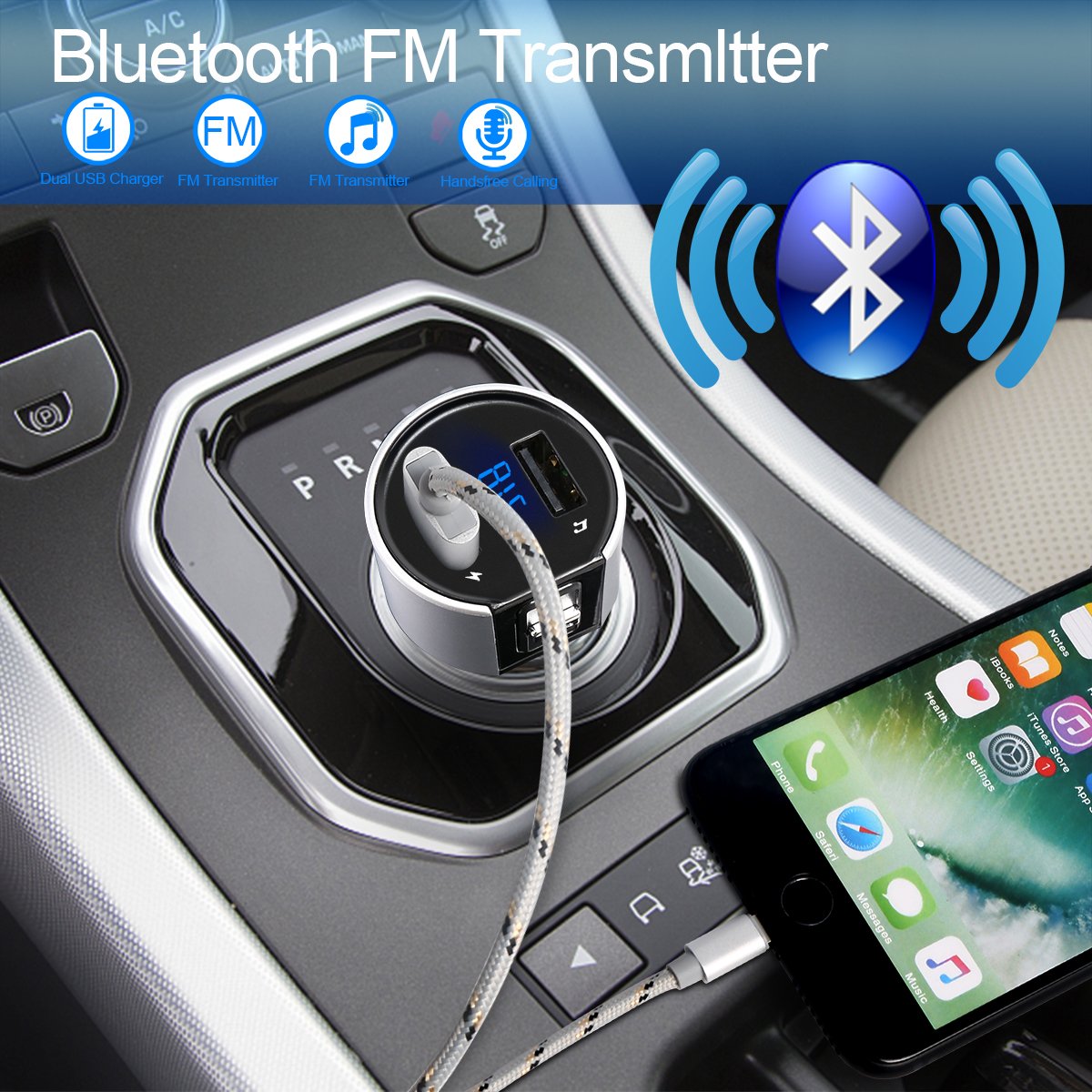 FM transmitter,bluetooth Handsfree Car Kit,Wireless Radio Audio Adapter,Car MP3 Player with Dual USB Port Car Charger