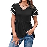 OPOIPIN Women's V Neck Peplum Top Flutter Short Sleeve Casual Blouse T Shirts