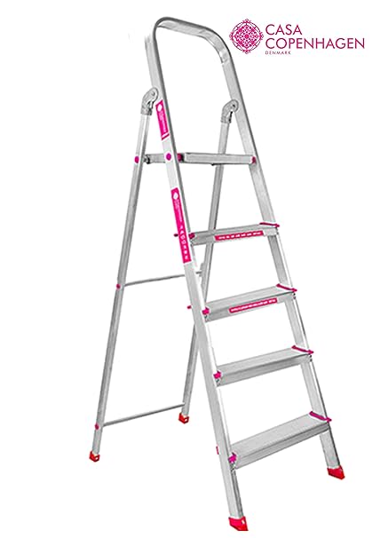 Casa Copenhagen Exotic Premium - Ultra-Stable 5-Step Foldable Aluminium Ladder 160 cm (5.25 ft.) for Home Use with 5-Year Warranty , Top Platform Size 13 inch X 10 inch & Step Size 18,19,20,21 Inches Respectively