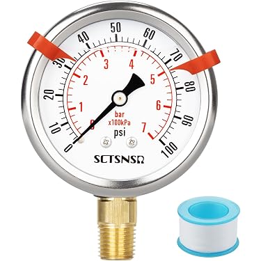 Manómetro De Prueba De Agua Con Llenado De Glicerina - 0-200 PSI/kPa, Esfera De 2.5 Pulgadas, Acero Inoxidable, Impermeable