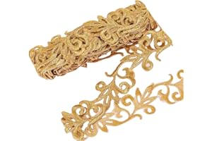 NBEADS 4.37 Yards Gold Embroidery Polyester Ribbons, 1.3 Inch Wide Adhesive Goldenrod Lace Trim Iron on Metallic Flower Lace for Sewing Costumes Gowns Home Decor Garment Accessories