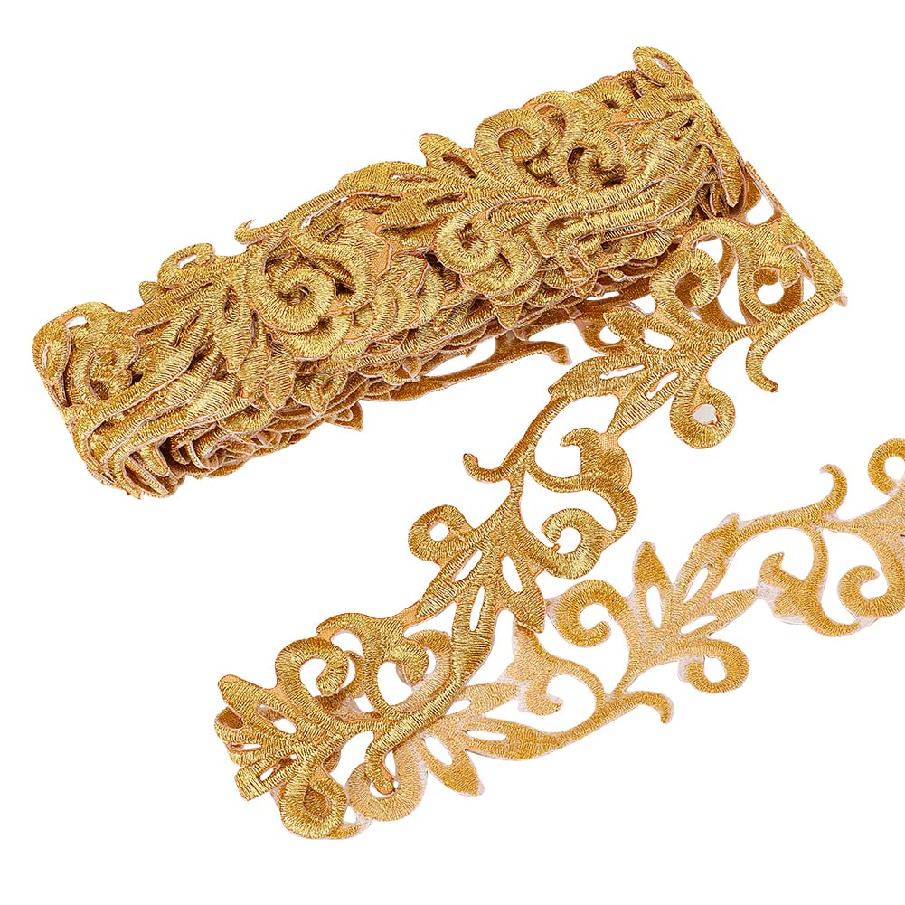 Photo 1 of NBEADS 4.37 Yards Gold Embroidery Polyester Ribbons, 1.3 Inch Wide Adhesive Goldenrod Lace Trim Iron on Metallic Flower Lace for Sewing Costumes Gowns Home Decor Garment Accessories