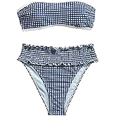 GORGLITTER Women's Gingham Strapless High Waisted Bikini Sets Cute Bandeau Two Piece Swimsuit Smocked Bathing Suit