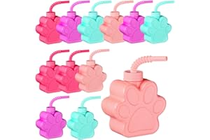 Sratte Dog Paw Cups 10 oz Paw Dog Party Favors, Cute Print Plastic Puppy Straw Cup Bulk with Lids for Kids Pet Dog Birthday Party Supplies Decorations (12 Pieces)