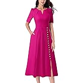 VFSHOW Women Pleated Notch V Neck Pockets Buttons Work Office Business A-Line Midi Dress