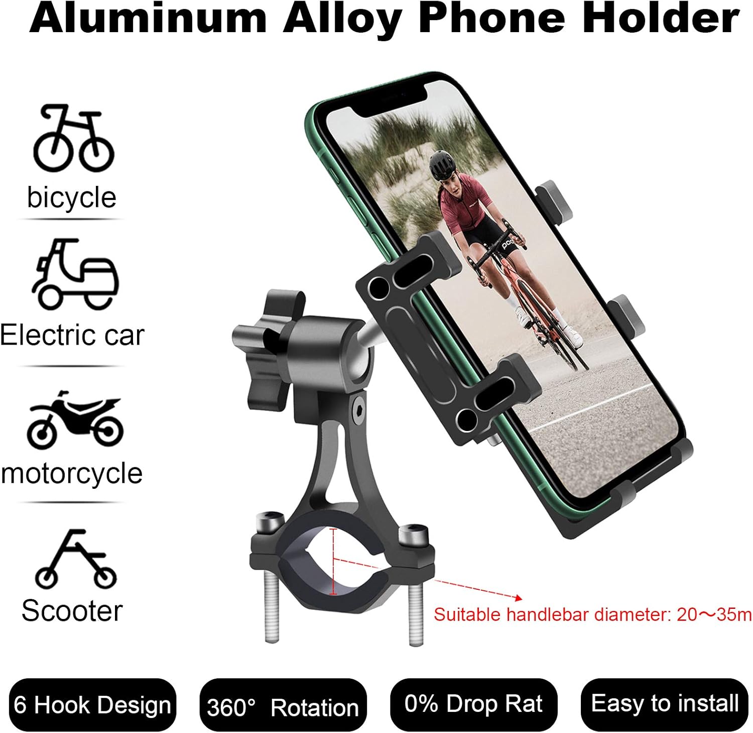 FETESNICE Universal Bike Phone Holder, Aluminum Alloy Bike Phone Mount with 360° Rotation Mount for Bicycle Motorcycle Scooter Electric Car Baby Cart for iPhone Samsung (Phone Width 2.36-4.33")