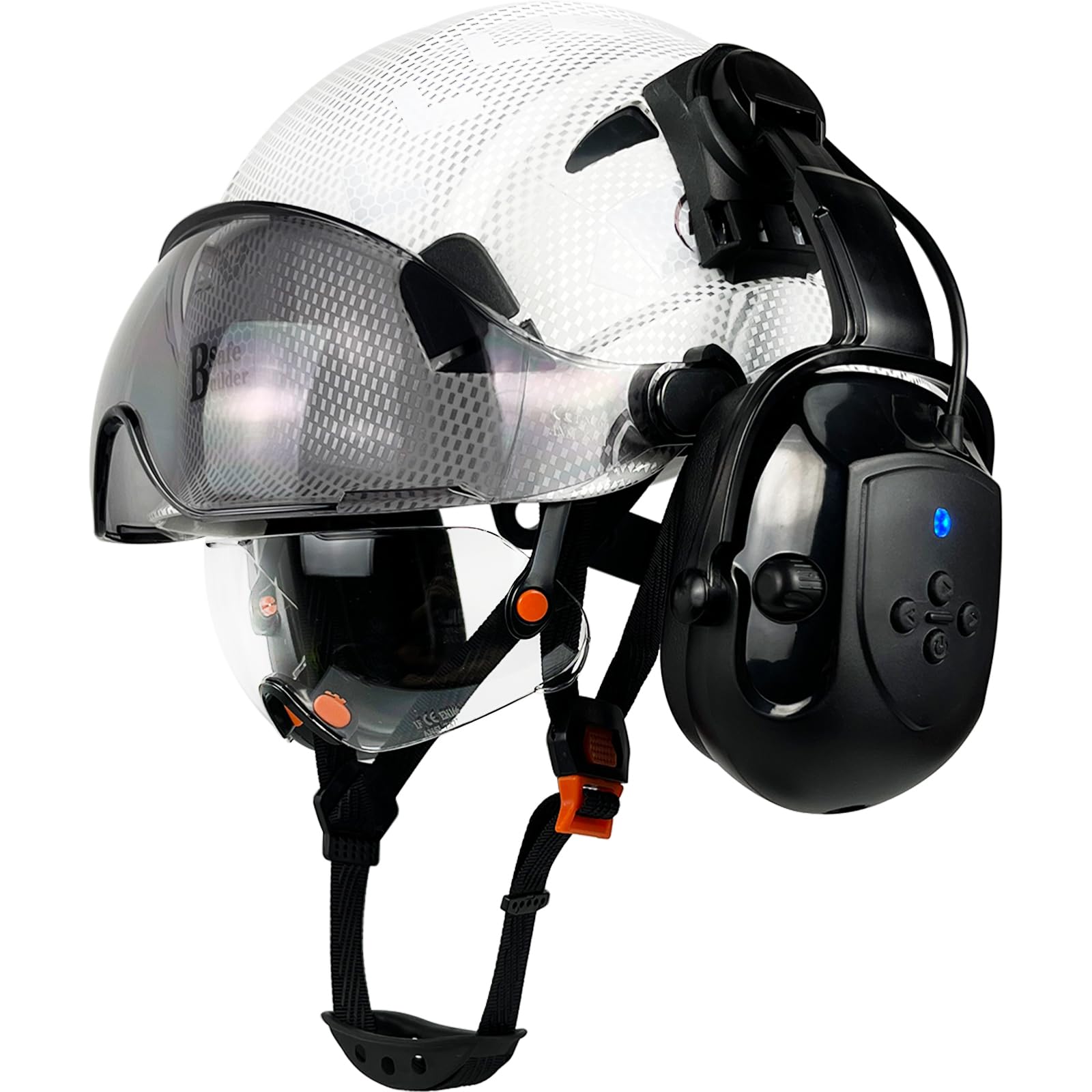 Photo 1 of SAFEBUILDER Safety Helmet with Visor Bluetooth Ear Muffs SNR 26dB Hard Hat with Visors Mounted Ear muff Hardhats Vented ANSI Z89.1 (BG White Hat Wtih Clear & Tinted Visor & Bluetooth Ear Muffs)