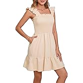 LEADINK 2025 Women Summer Short Dress Square Neck Sleeveless Ruffle Backless Casual Boho Beach Cute Sundress Cotton Vacation