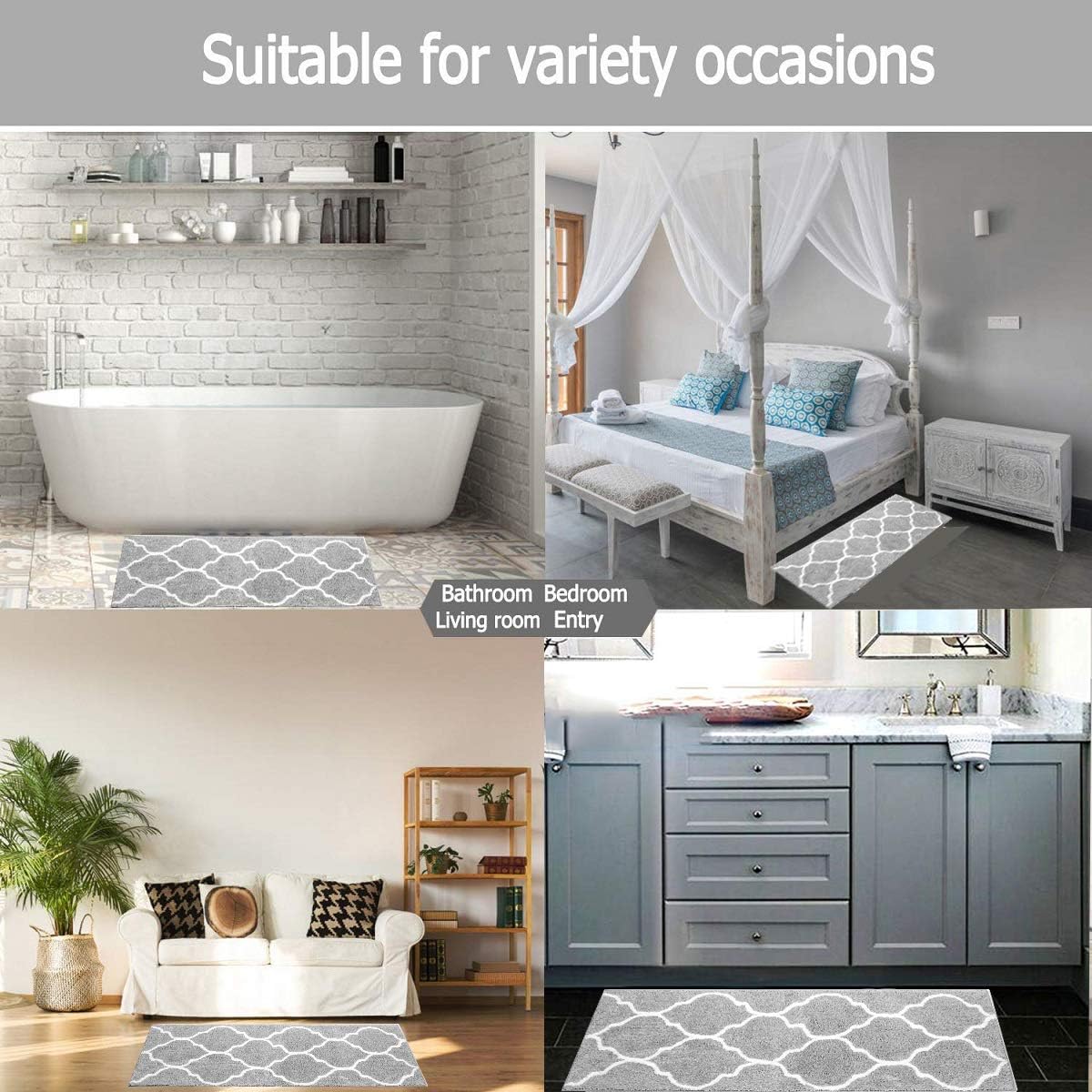 HEBE Microfiber Bath Rug Set 2 Piece Non Slip Absorbent Bath Mats Runner Set for Bathroom Shaggy Bathroom Rug Runner Machine Washable (26"x18"+48"x18", Grey): Kitchen & Dining