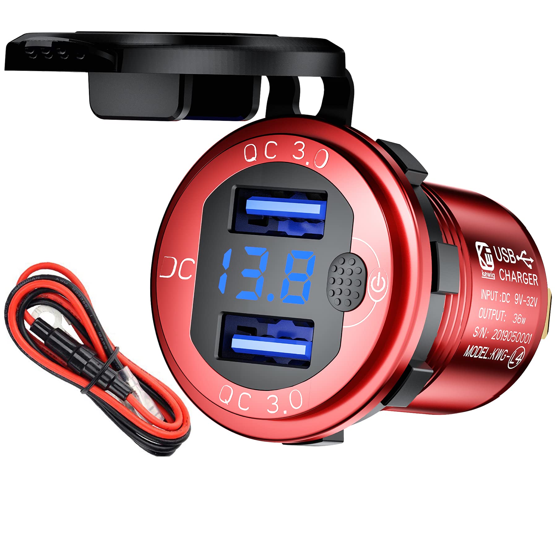 12 V Car USB Socket Car Charger with LED Voltmeter Display 12 Volt Cigarette Lighter Adapter USB Installation Socket 36 W QC 3.0 Quick Charge for Motorhome, Motorcycle, Caravan, Marine, RTV, Vehicles,
