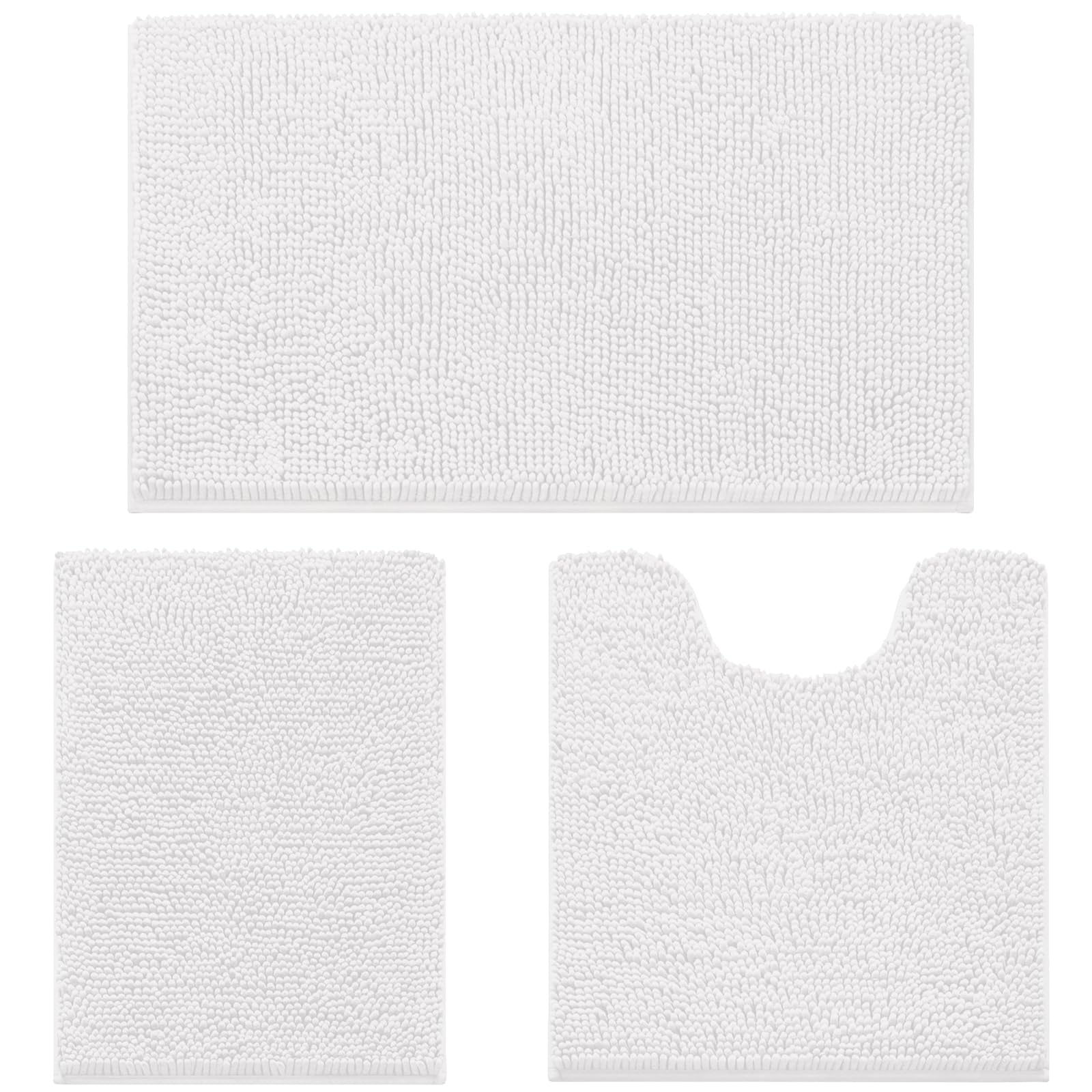 wyewye Bath Mat 3 Piece, Chenille Bathroom Mat, Extra Soft Bathroom mat Non-slip,Super Absorbent Fluffy and Shaggy Bath Mats for Bathroom,Machine-Washable Quick Dry Bath Rug Foot Mat, Pure White