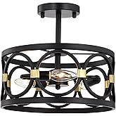 Mr. Color Black and Gold 3 Light Semi Flush Mount Drum Farmhouse Chandelier