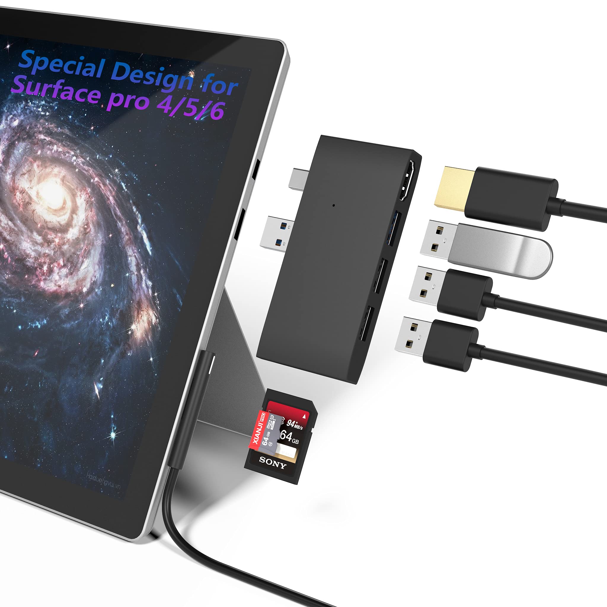Surface Pro Docking Station USB Hub Adapter, SD & TF/Micro SD Memory Card Reader, 4K HDMI Port Converter for Surface Pro 6/5/4