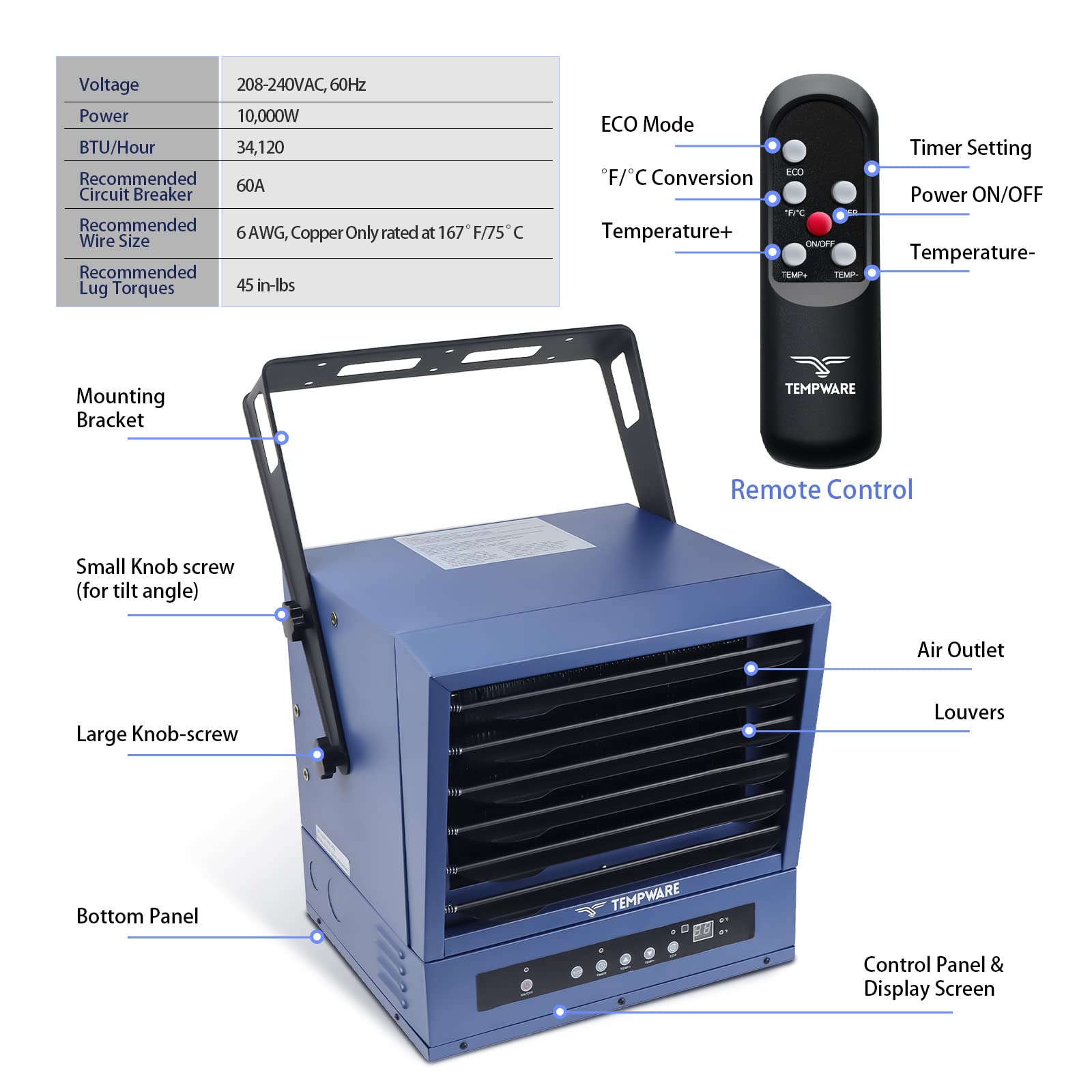 TEMPWARE Electric Garage Heater, 10,000-Watt Digital Fan-Forced Ceiling Mount Shop Heater with ECO Mode, 240-Volt Hardwired with Full-Function Remote and 12-Hour Timer, Ideal for Workshop