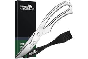 SILVER ARMADILLO Heavy Duty Stainless Steel Poultry Shears For Bone, Chicken, Meat, Fish, Seafood, Vegetables. Premium Spring Loaded Food Scissors. All metal Kitchen Shears.