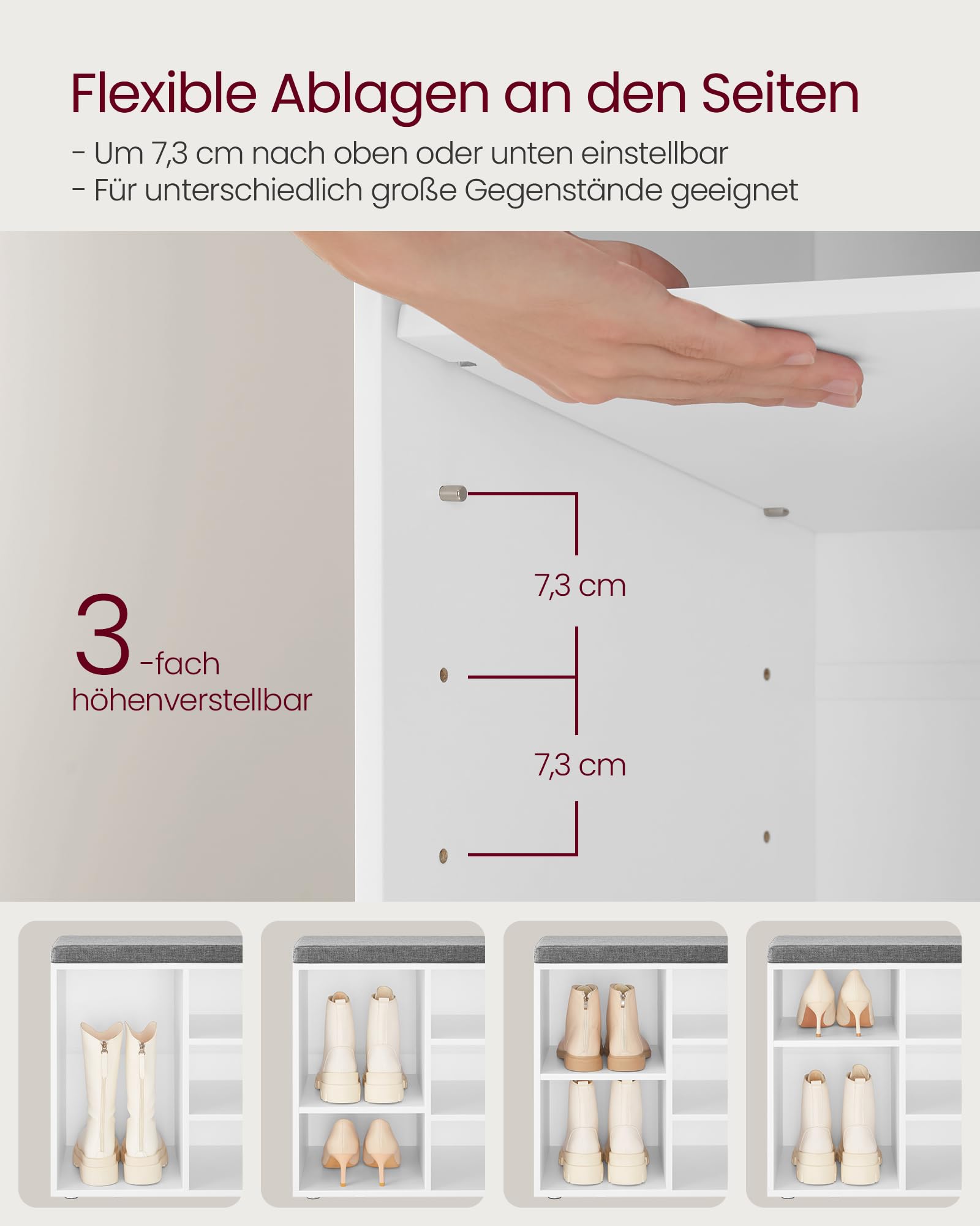 VASAGLE Schuhbank, Schuhregal mit Sitzfläche, Sitzbank mit Stauraum, gut gepolstert, Flurbank mit 10 Fächern, verstellbaren Ablagen, für Schlafzimmer, 30 x 104 x 48 cm, weiß-grau LHS10WT 6