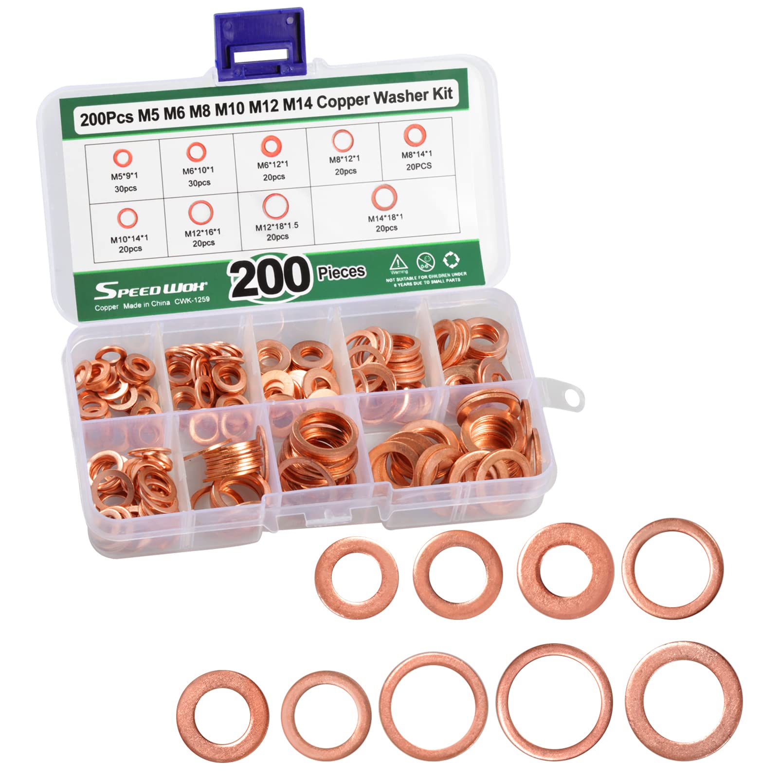 SPEEDWOX 200PCS 9 Sizes Copper Washer Kit, Copper Metric Sealing Washers Assortment Set with Storage Case for Electrical Connections (M5 M6 M8 M10 M12 M14)