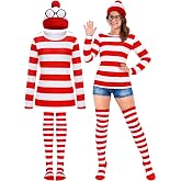 Snwquik 4 PCS Halloween Costumes for Women Adult,Red White Shirt Set | Red and White Striped Shirt/Knit Beanie/Glasses/Socks,4 Sizes,Easy Group Couples Halloween Costumes for Women Adults