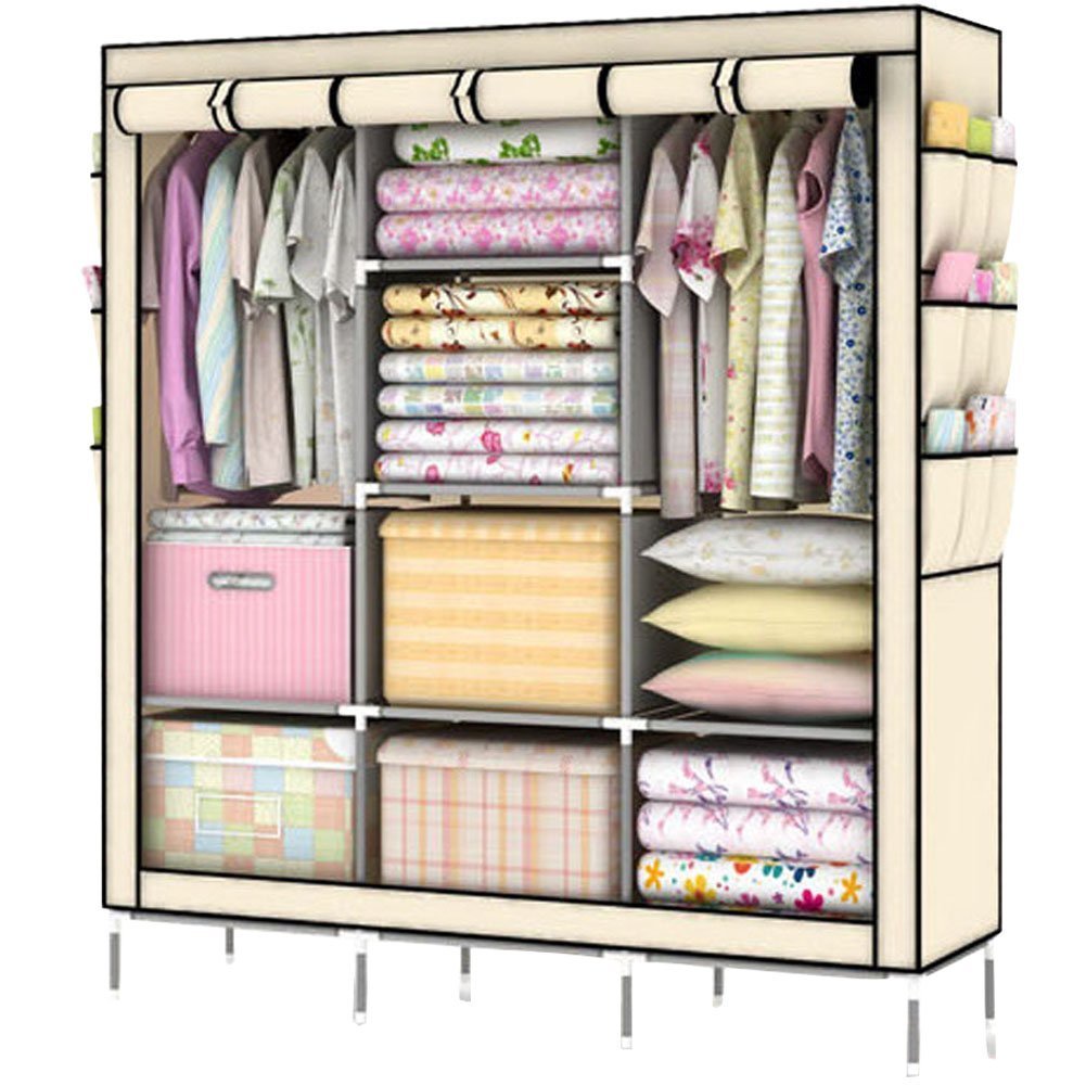 ONEGOL Portable Clothes Closet Non-woven Fabric Wardrobe Double Rod Storage Organizer with Shelves (Beige)