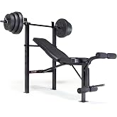 CAP Barbell Standard Weight Bench with Leg Developer and a 100 LB Vinyl Weight Set &ndash; Adjustable Backrest, Barbell, and Cement Plates for Home Gym