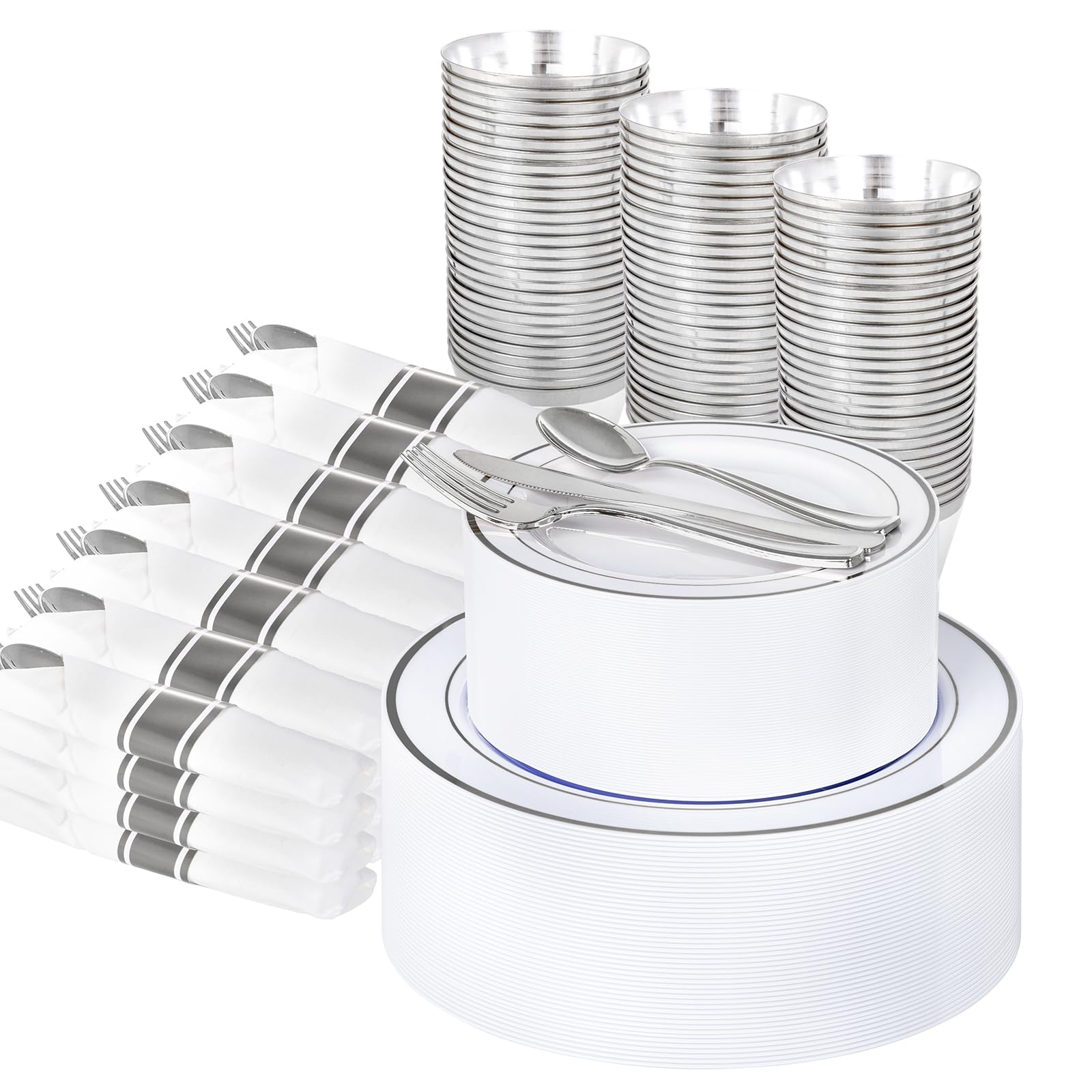 Photo 1 of WELLIFE 350-Piece Silver Plastic Dinnerware Set - Disposable 10.25" Dinner Plates, 7.5" Dessert Plates, 9oz Silver Rim Cups & Cutlery for Weddings - 50 Guest Service - Elegant Disposable Silverware