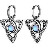 Celtic Knot Triangle Vintage Dangle Drop Earrings, Moonstone Good Luck Irish Trinity Stainless Steel Hoop Earrings