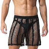 Evankin Mens Sexy stripe Fishnet Shorts See Through Mesh Loose Shorts Sheer Lounge Boxer Underwear Trunks