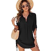 Urchics Swimsuit Coverup for Women 2025 Drawstring V Neck Bikini Swimwear Beach Cover Up Beach Shirt Dress