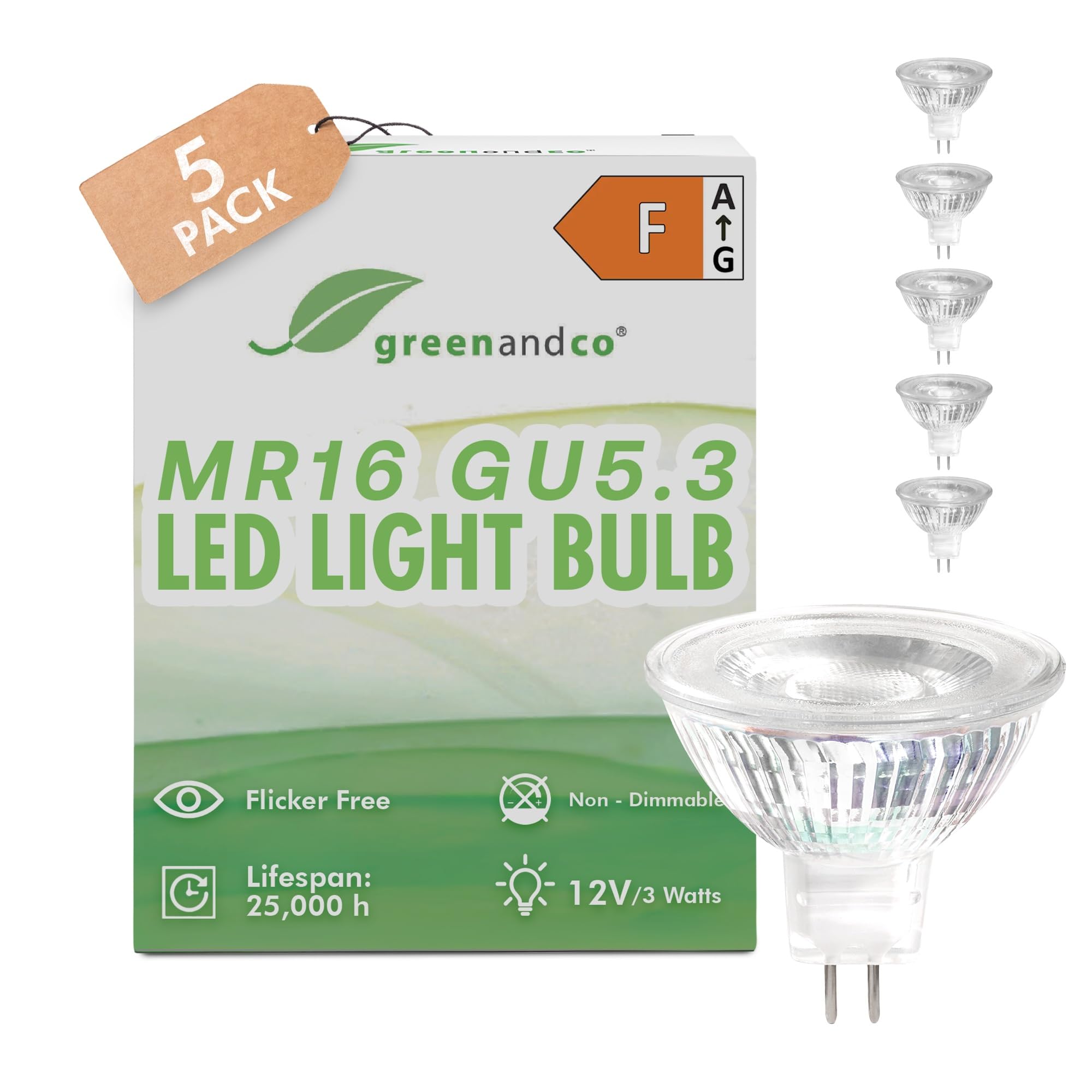 greenandco 5X MR16 GU5.3 | Replaces 30W | Warm White 2700K | CRI 90+ | 3W 270 lm | 38° | No Flicker | COB LED Light Bulb | 12V AC/DC | Non dimmable